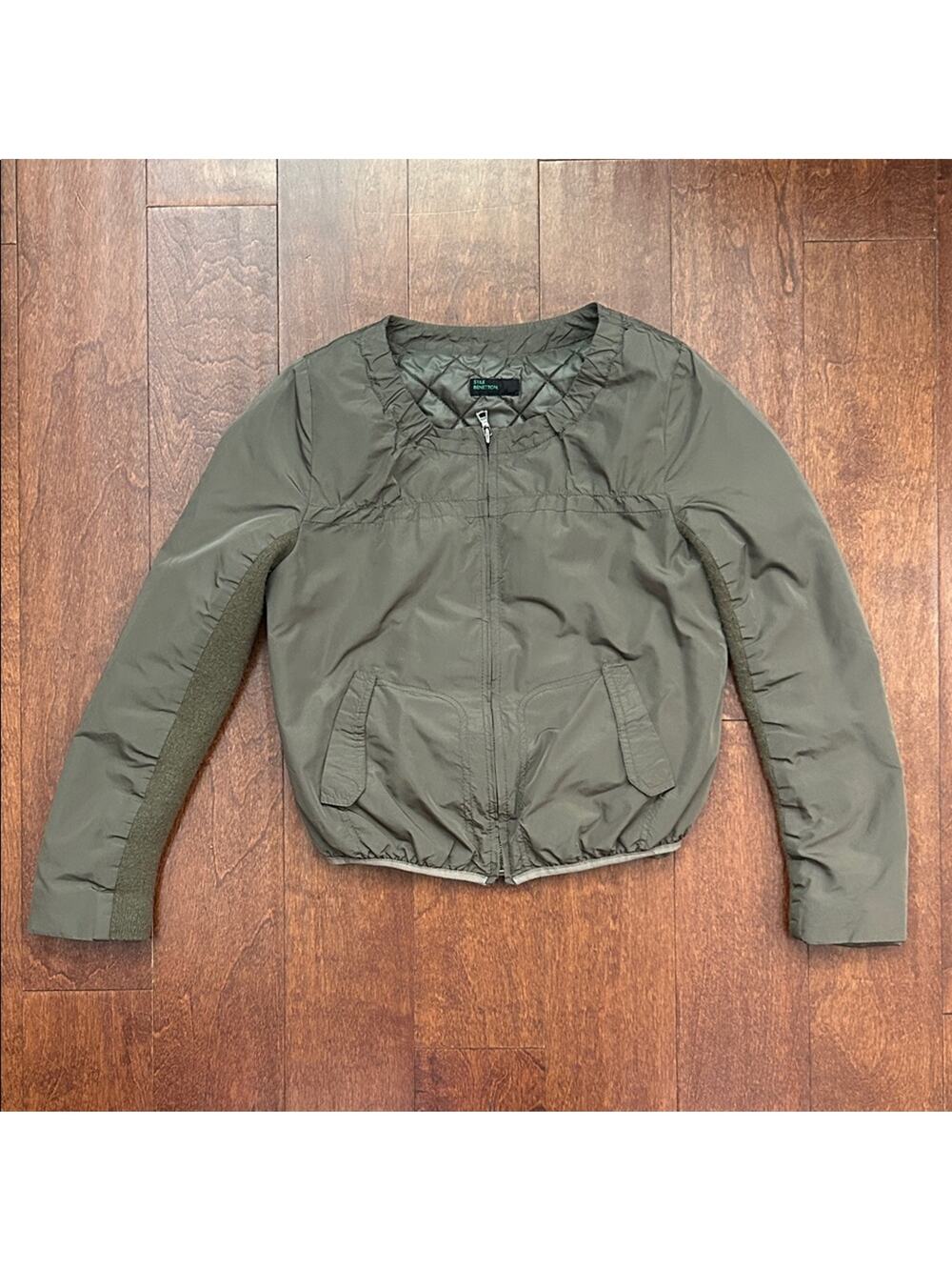 United Colors Of Benetton Olive Green Collarless Cropped Bomber Jacket, Size Sm